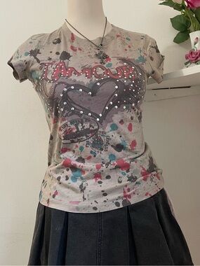 L'Amour Tan Short Sleeve Tee with Teal and Pink Paint-Splatter